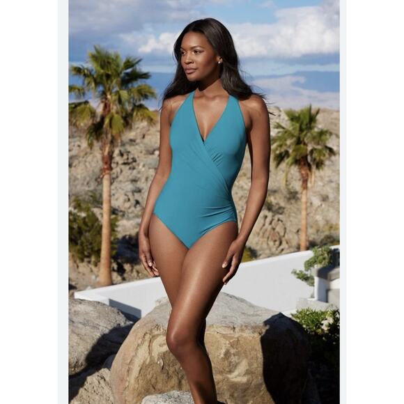 Miraclesuit Wrapsody One Piece Swimsuit Sz US 8 Maldives Blue Soft Cup New READ